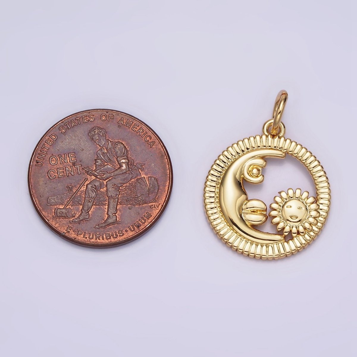 16K Gold plated Celestial Crescent Moon Sunflower Face Open Round Line-Textured Charm | N980 - DLUXCA