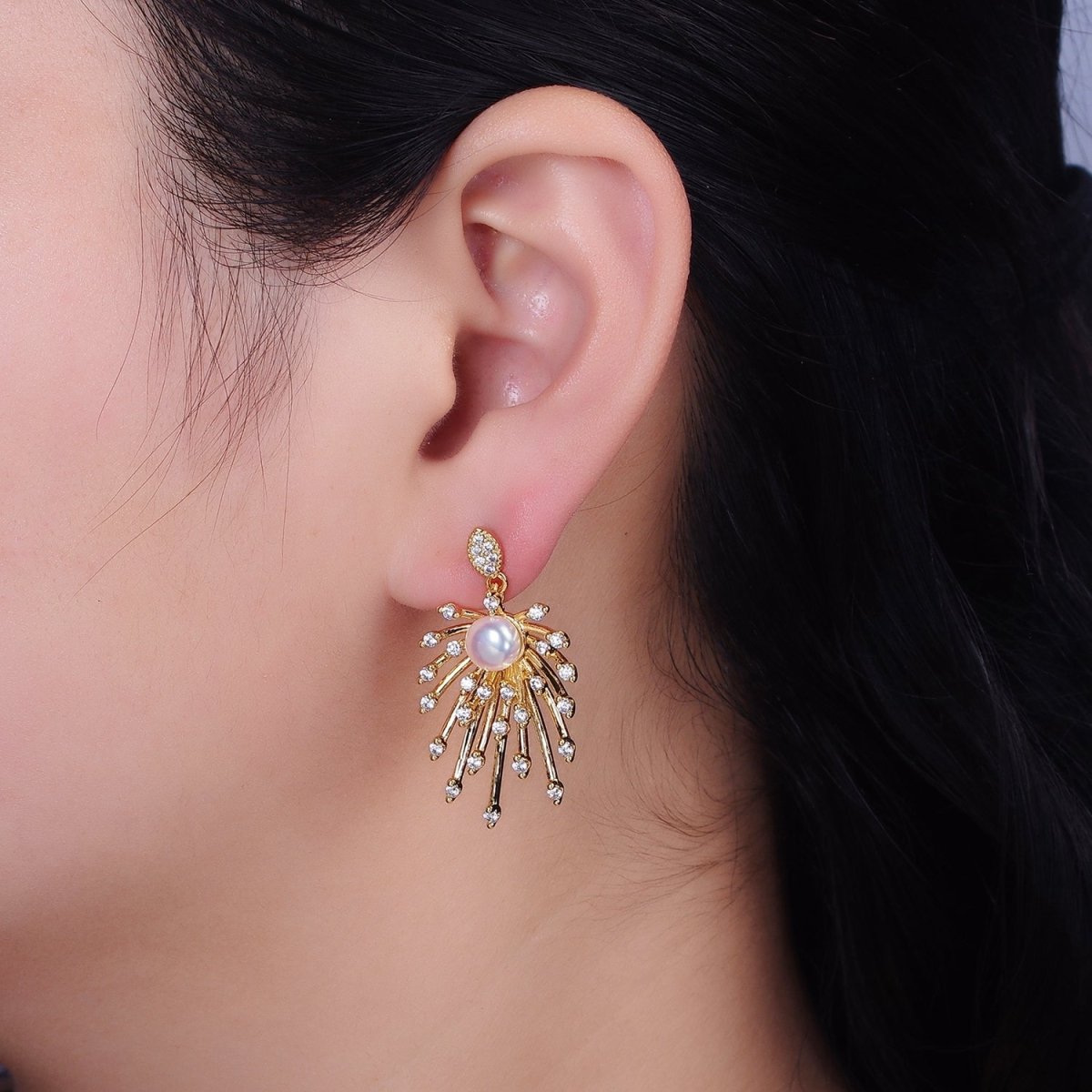 16K Gold plated Celestial Fireworks Sunburst Pearl CZ Stud Earrings in Gold & Silver | AD1273 AD1274