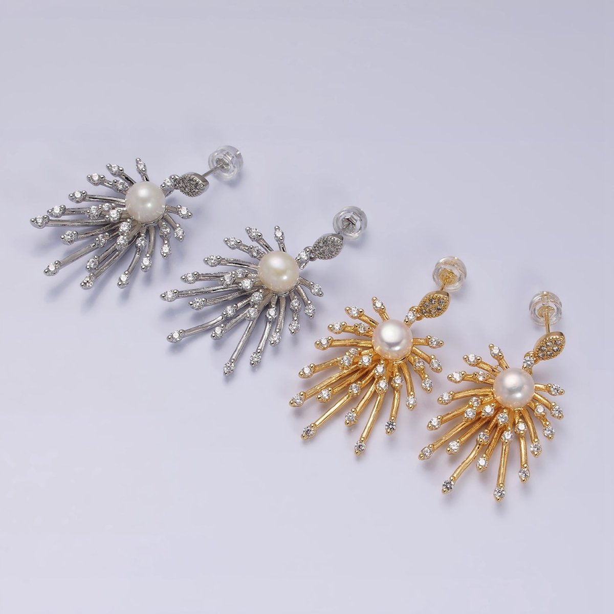 16K Gold plated Celestial Fireworks Sunburst Pearl CZ Stud Earrings in Gold & Silver | AD1273 AD1274