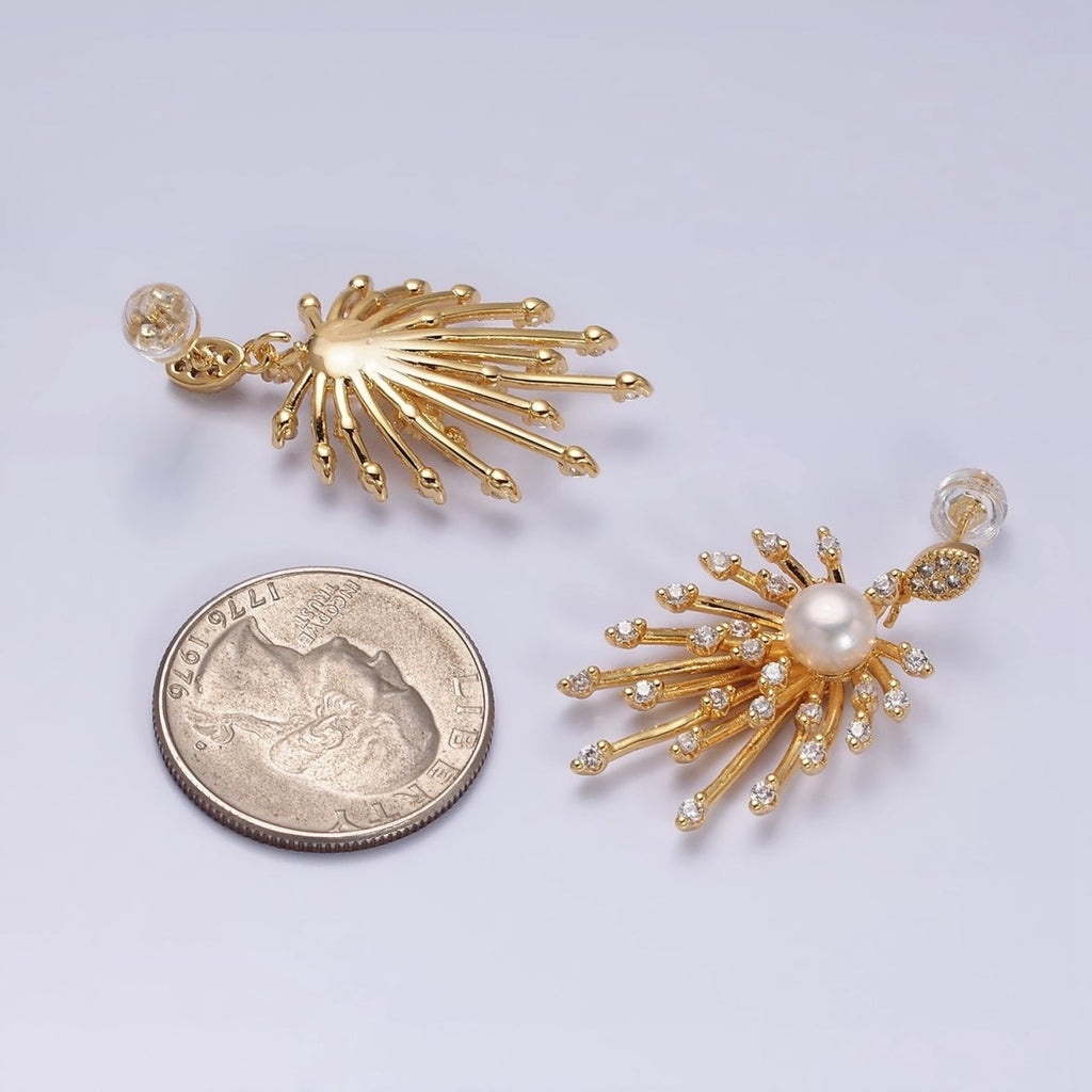 16K Gold plated Celestial Fireworks Sunburst Pearl CZ Stud Earrings in Gold & Silver | AD1273 AD1274
