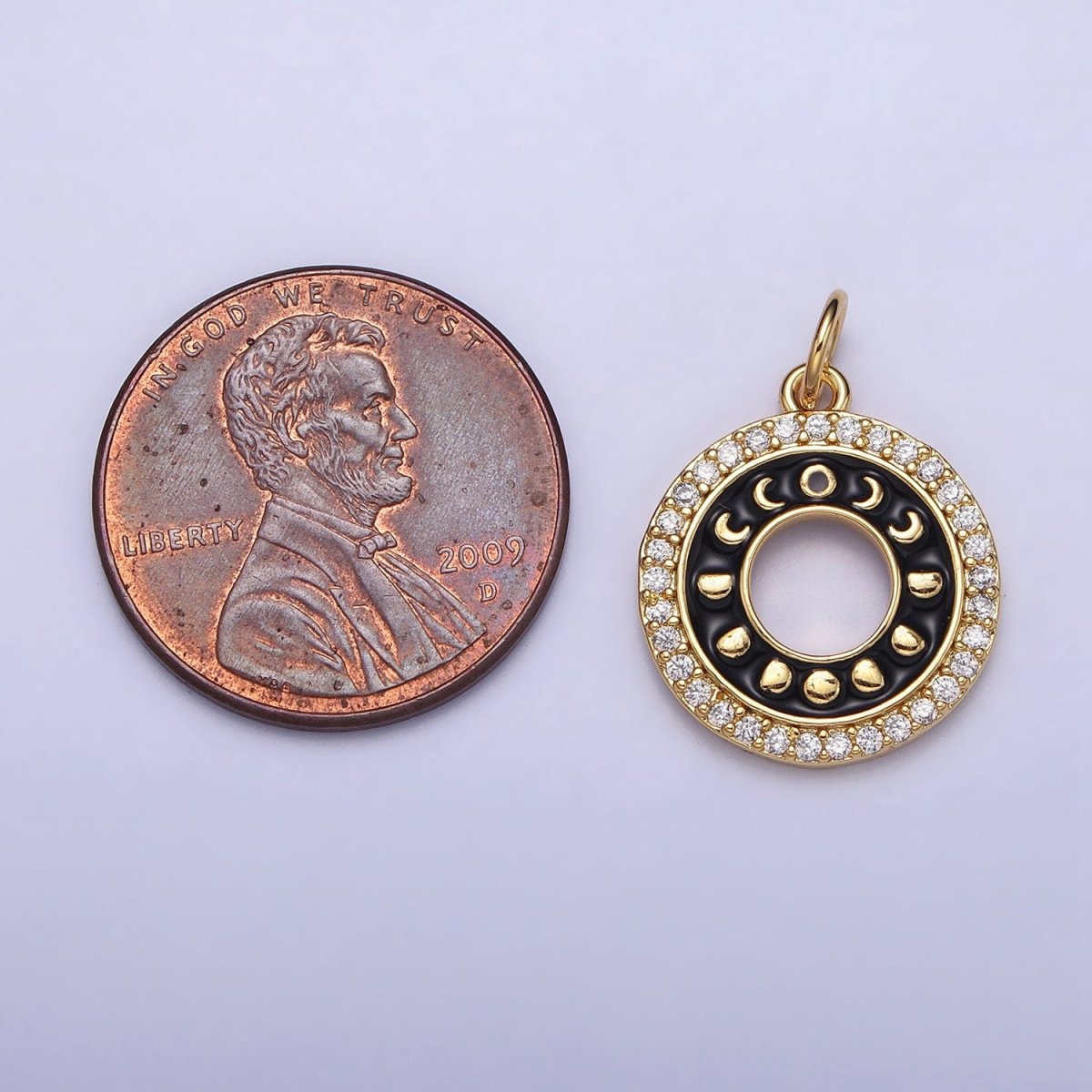 16K Gold plated Celestial Lunar Moon Phases Black Enamel Micro Paved CZ Open Round Charm in Gold & Silver | AC1264 AC1265 - DLUXCA