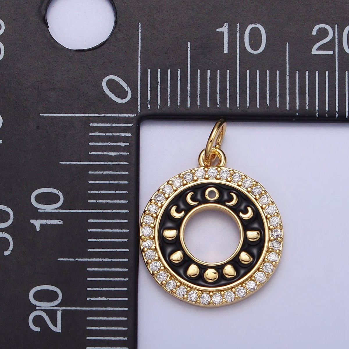 16K Gold plated Celestial Lunar Moon Phases Black Enamel Micro Paved CZ Open Round Charm in Gold & Silver | AC1264 AC1265 - DLUXCA