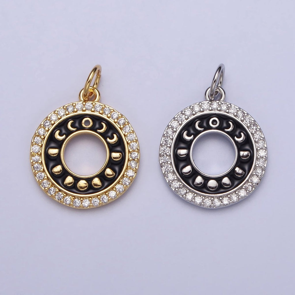 16K Gold plated Celestial Lunar Moon Phases Black Enamel Micro Paved CZ Open Round Charm in Gold & Silver | AC1264 AC1265 - DLUXCA
