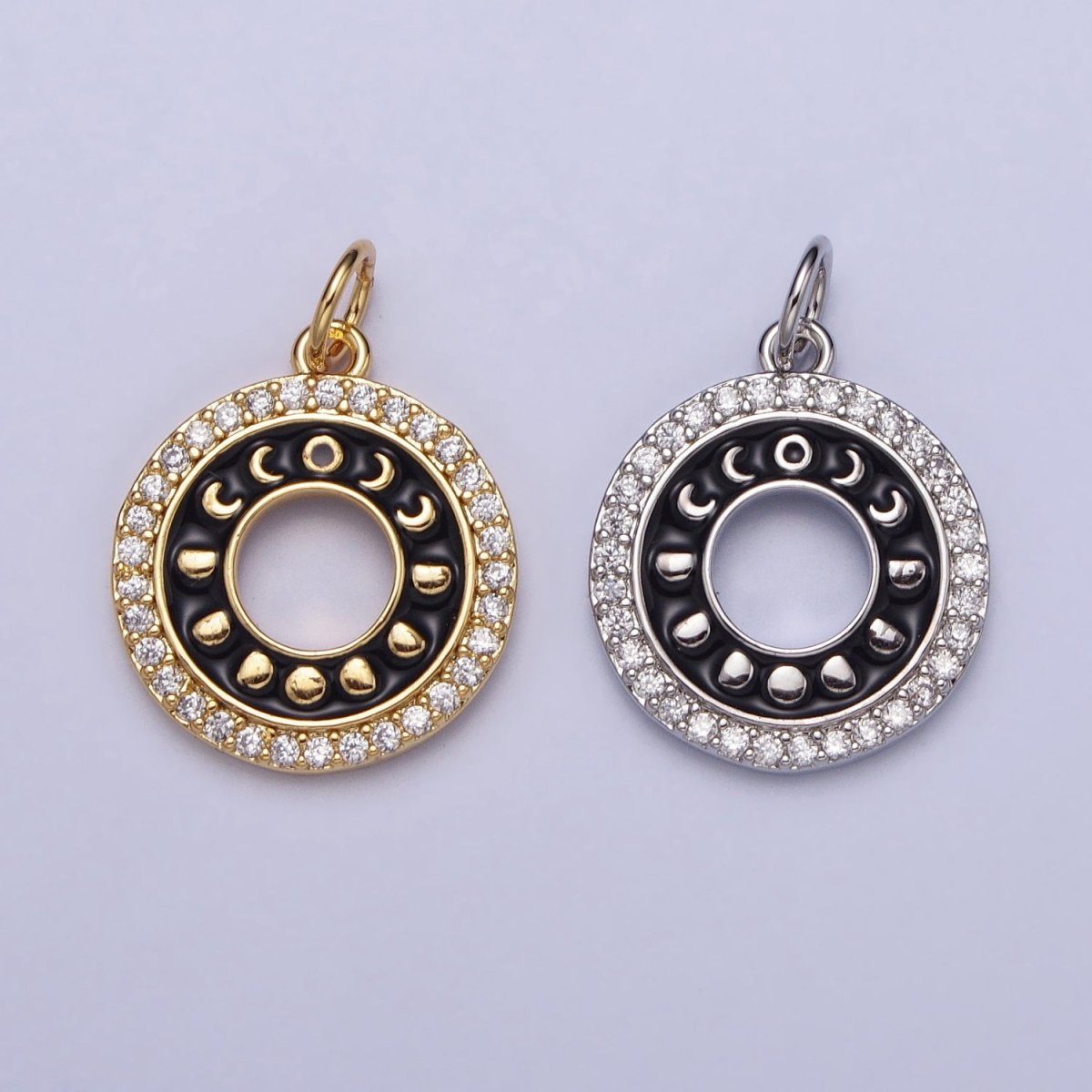 16K Gold plated Celestial Lunar Moon Phases Black Enamel Micro Paved CZ Open Round Charm in Gold & Silver | AC1264 AC1265 - DLUXCA