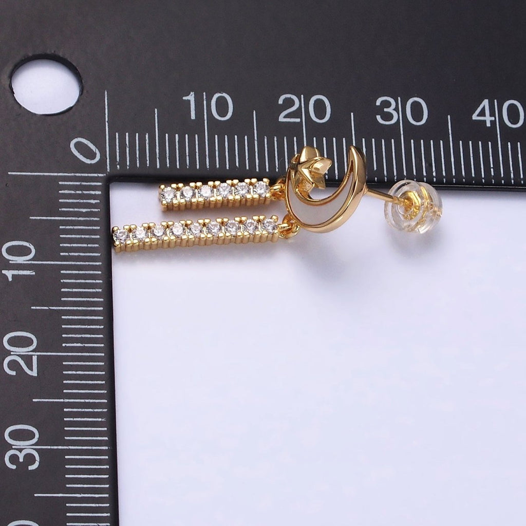 16K Gold plated Celestial Moon Star Shell Pearl Double Bar Drop Stud Earrings in Gold & Silver | AD1080 AD1081