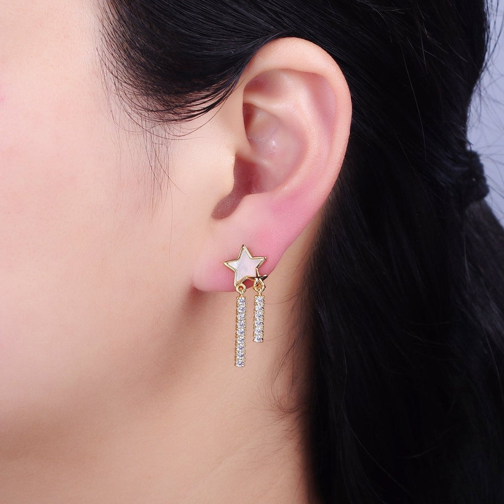 16K Gold plated Celestial Moon Star Shell Pearl Double Bar Drop Stud Earrings in Gold & Silver | AD1080 AD1081