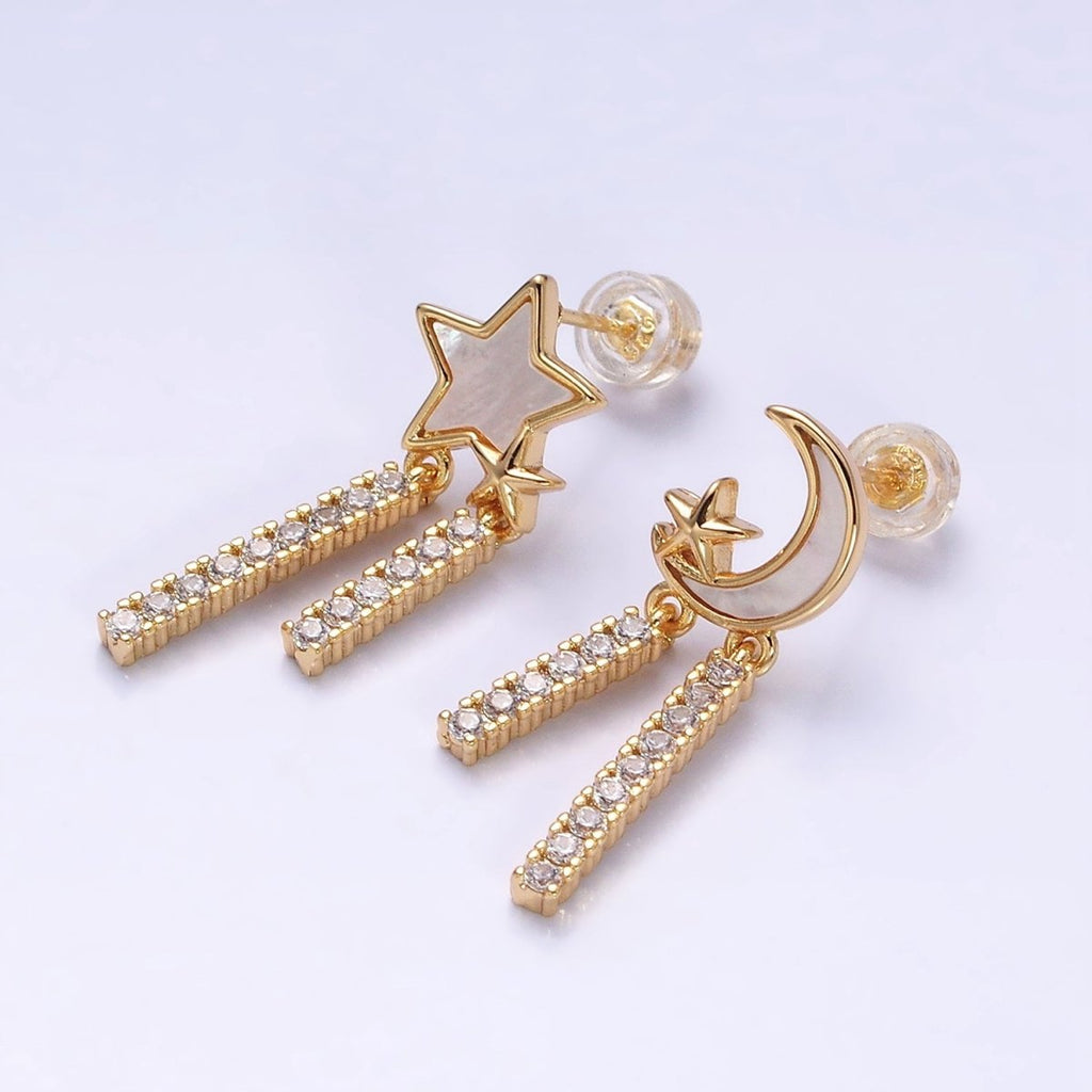 16K Gold plated Celestial Moon Star Shell Pearl Double Bar Drop Stud Earrings in Gold & Silver | AD1080 AD1081