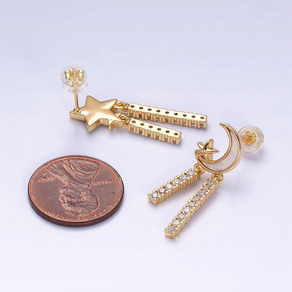 16K Gold plated Celestial Moon Star Shell Pearl Double Bar Drop Stud Earrings in Gold & Silver | AD1080 AD1081
