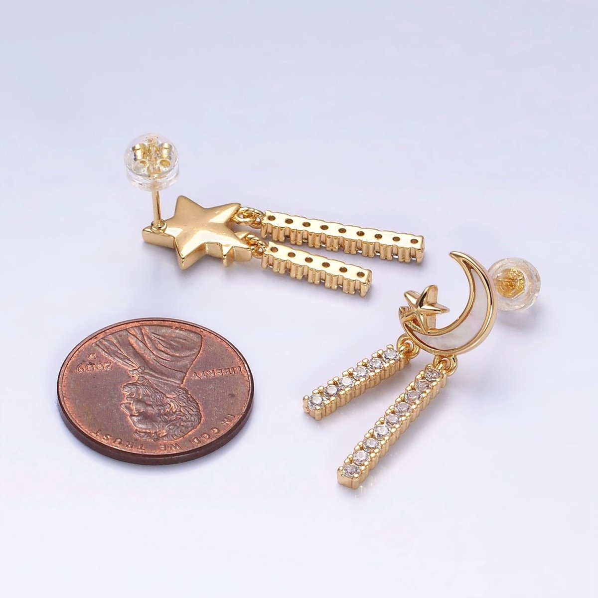 16K Gold plated Celestial Moon Star Shell Pearl Double Bar Drop Stud Earrings in Gold & Silver | AD1080 AD1081