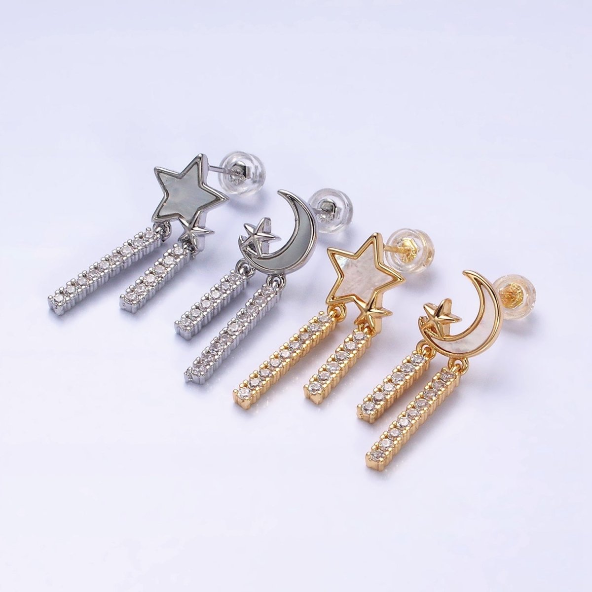 16K Gold plated Celestial Moon Star Shell Pearl Double Bar Drop Stud Earrings in Gold & Silver | AD1080 AD1081