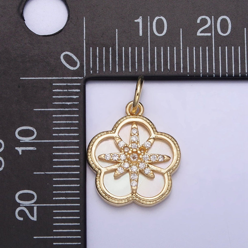 16K Gold plated Celestial North Star Micro Paved CZ Shell Pearl Flower Charm | AC1055 - DLUXCA