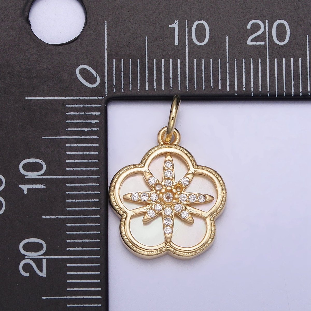 16K Gold plated Celestial North Star Micro Paved CZ Shell Pearl Flower Charm | AC1055 - DLUXCA