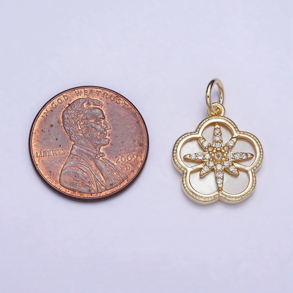 16K Gold plated Celestial North Star Micro Paved CZ Shell Pearl Flower Charm | AC1055 - DLUXCA