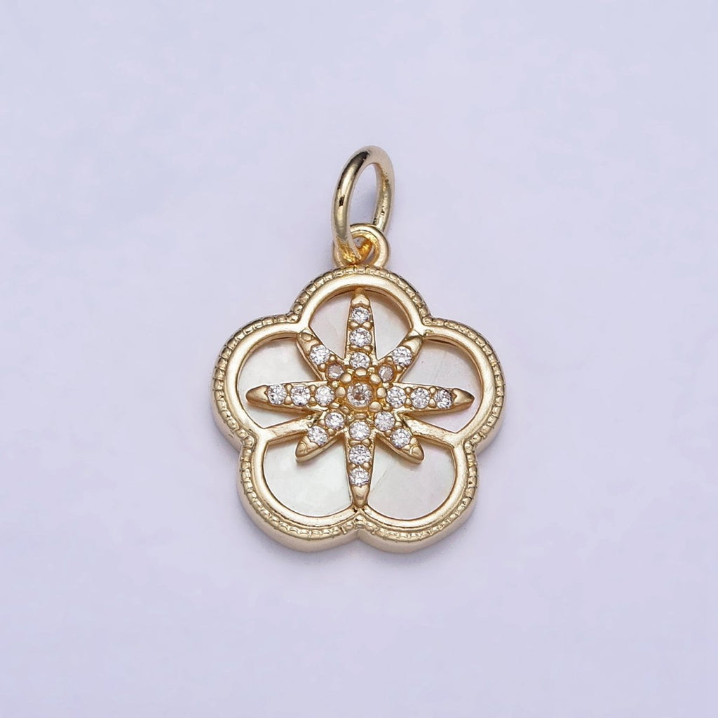 16K Gold plated Celestial North Star Micro Paved CZ Shell Pearl Flower Charm | AC1055 - DLUXCA