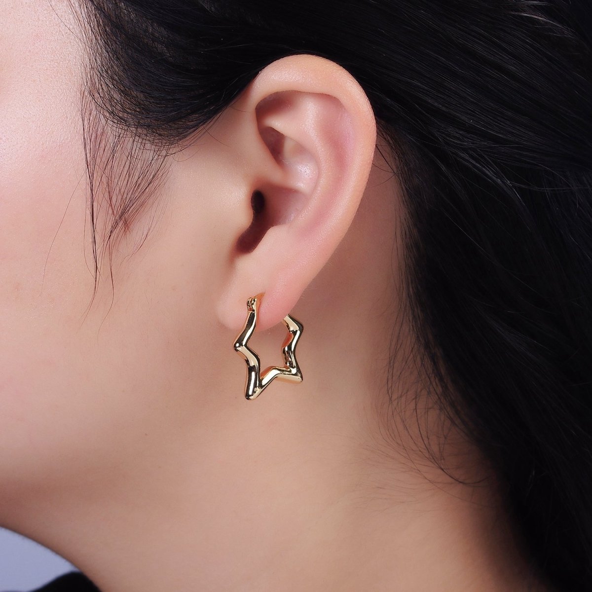 16K Gold plated Celestial Star Abstract Band French Lock Latch Hoop Earrings | AE088 - DLUXCA