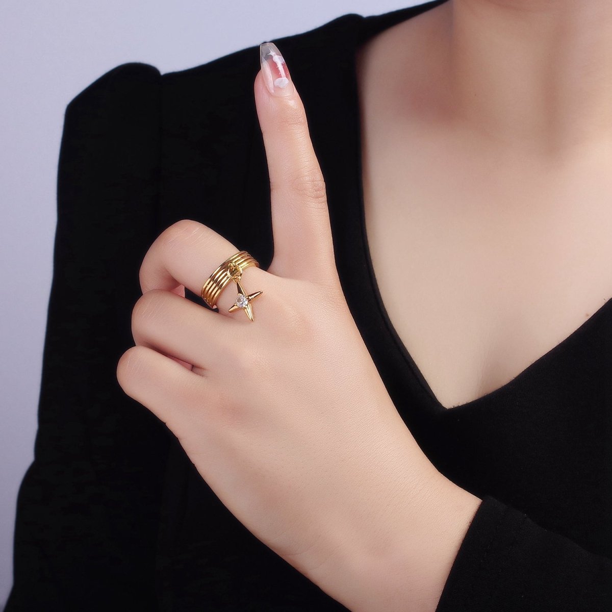16K Gold plated Celestial Star CZ Drop Multiple Band Ring | O1388 - DLUXCA