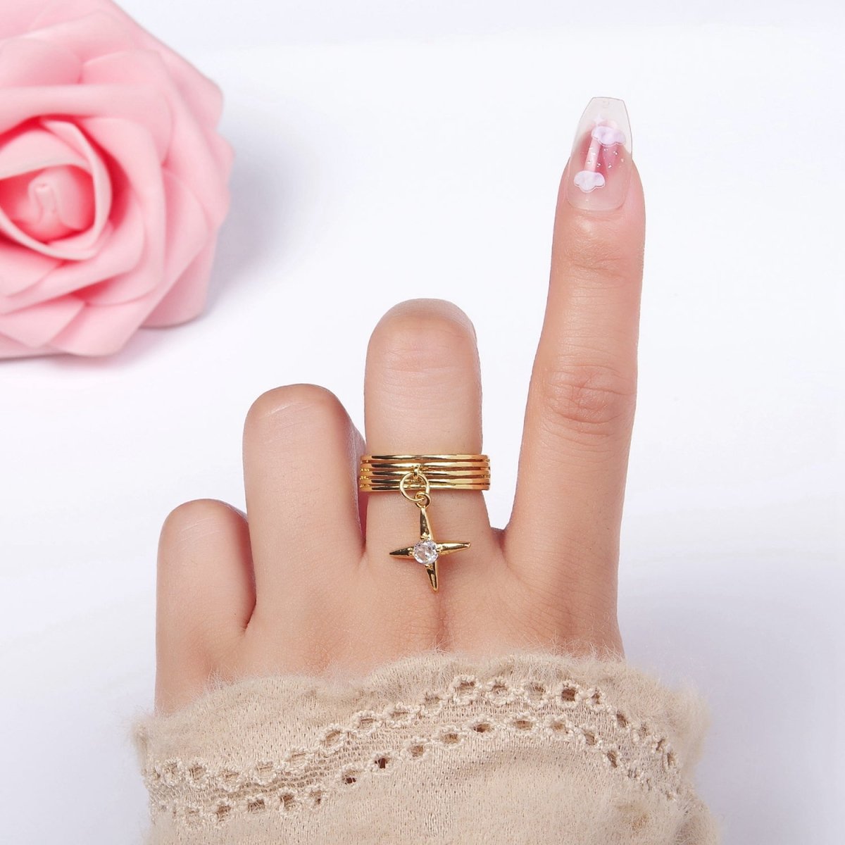 16K Gold plated Celestial Star CZ Drop Multiple Band Ring | O1388 - DLUXCA
