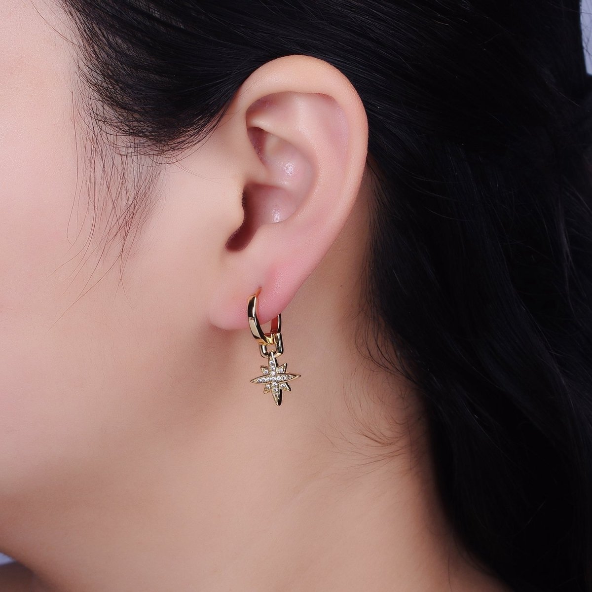 16K Gold plated Celestial Star Micro Paved Drop Huggie Earrings in Gold & Silver | AD1263 AD1264 - DLUXCA