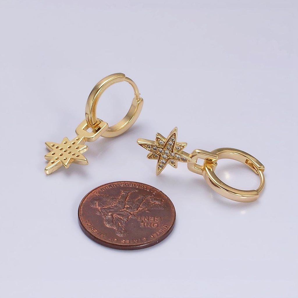 16K Gold plated Celestial Star Micro Paved Drop Huggie Earrings in Gold & Silver | AD1263 AD1264 - DLUXCA