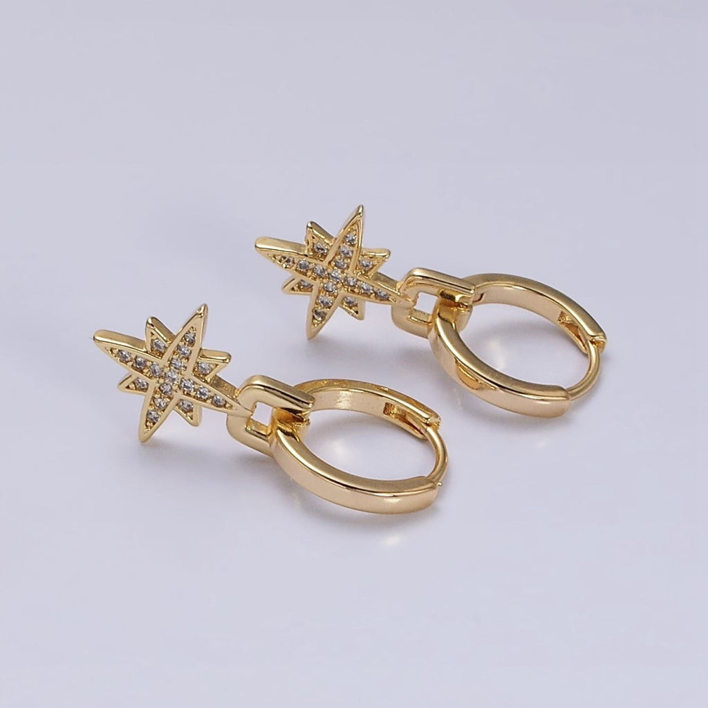 16K Gold plated Celestial Star Micro Paved Drop Huggie Earrings in Gold & Silver | AD1263 AD1264 - DLUXCA