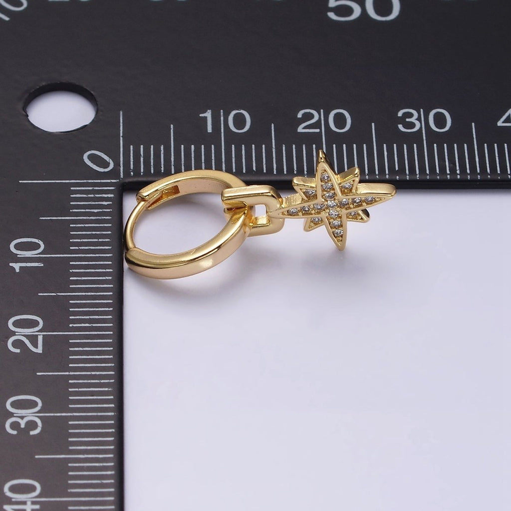 16K Gold plated Celestial Star Micro Paved Drop Huggie Earrings in Gold & Silver | AD1263 AD1264 - DLUXCA