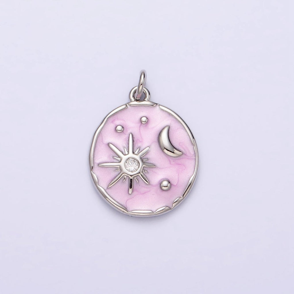 16K Gold plated Celestial Sun Star Crescent Moon White, Blue, Pink Sparkly Enamel Round Stamped Charm in Gold & Silver | AC1356 - AC1361 - DLUXCA