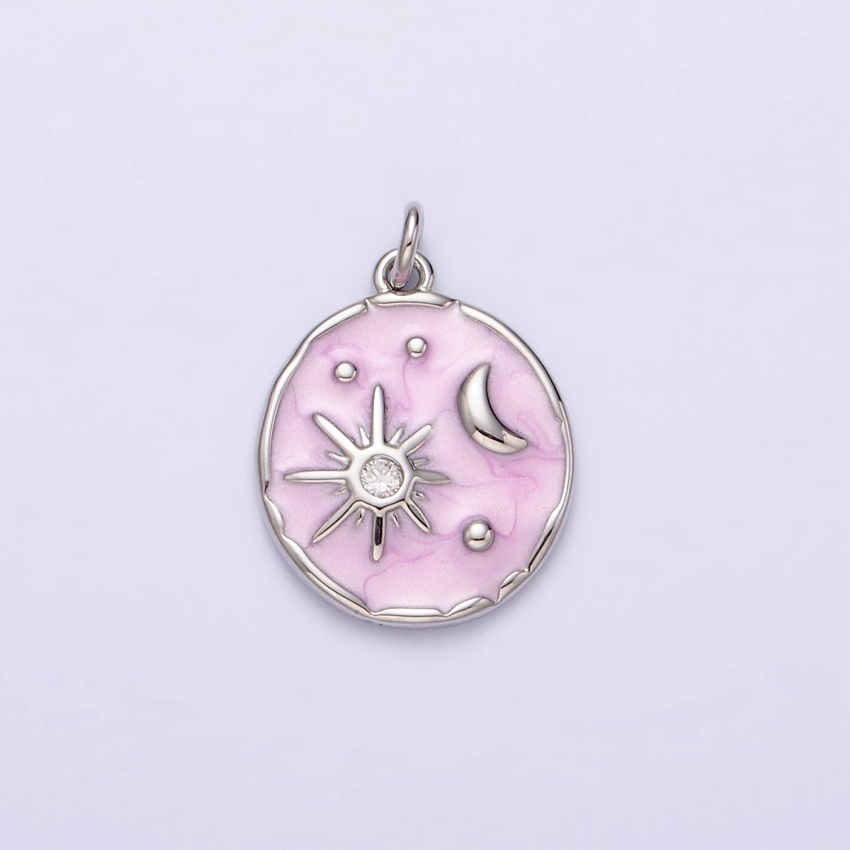 16K Gold plated Celestial Sun Star Crescent Moon White, Blue, Pink Sparkly Enamel Round Stamped Charm in Gold & Silver | AC1356 - AC1361 - DLUXCA