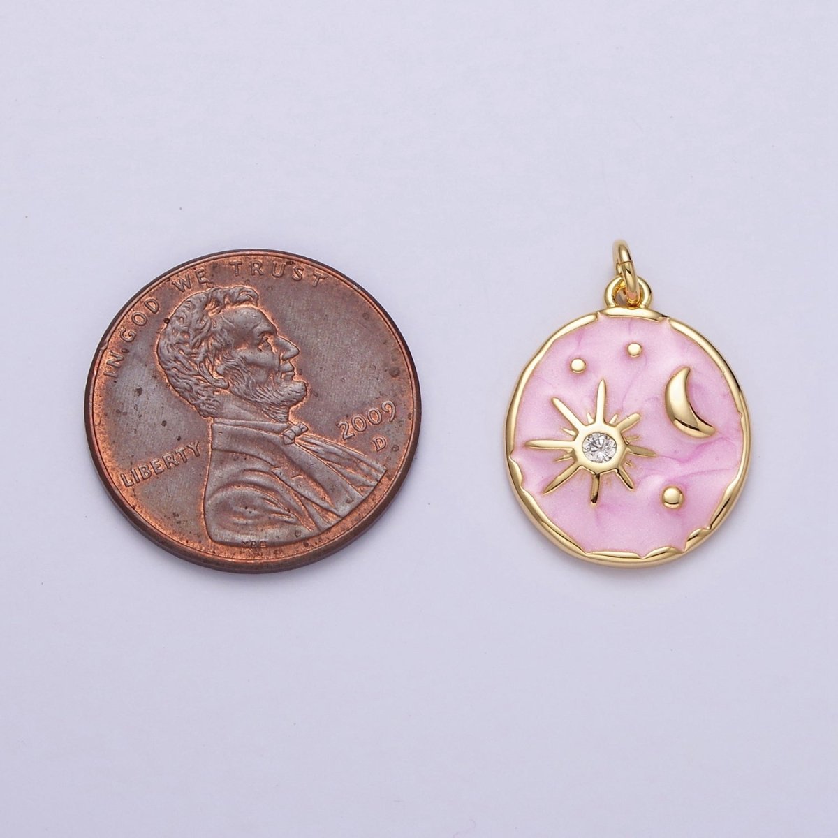 16K Gold plated Celestial Sun Star Crescent Moon White, Blue, Pink Sparkly Enamel Round Stamped Charm in Gold & Silver | AC1356 - AC1361 - DLUXCA