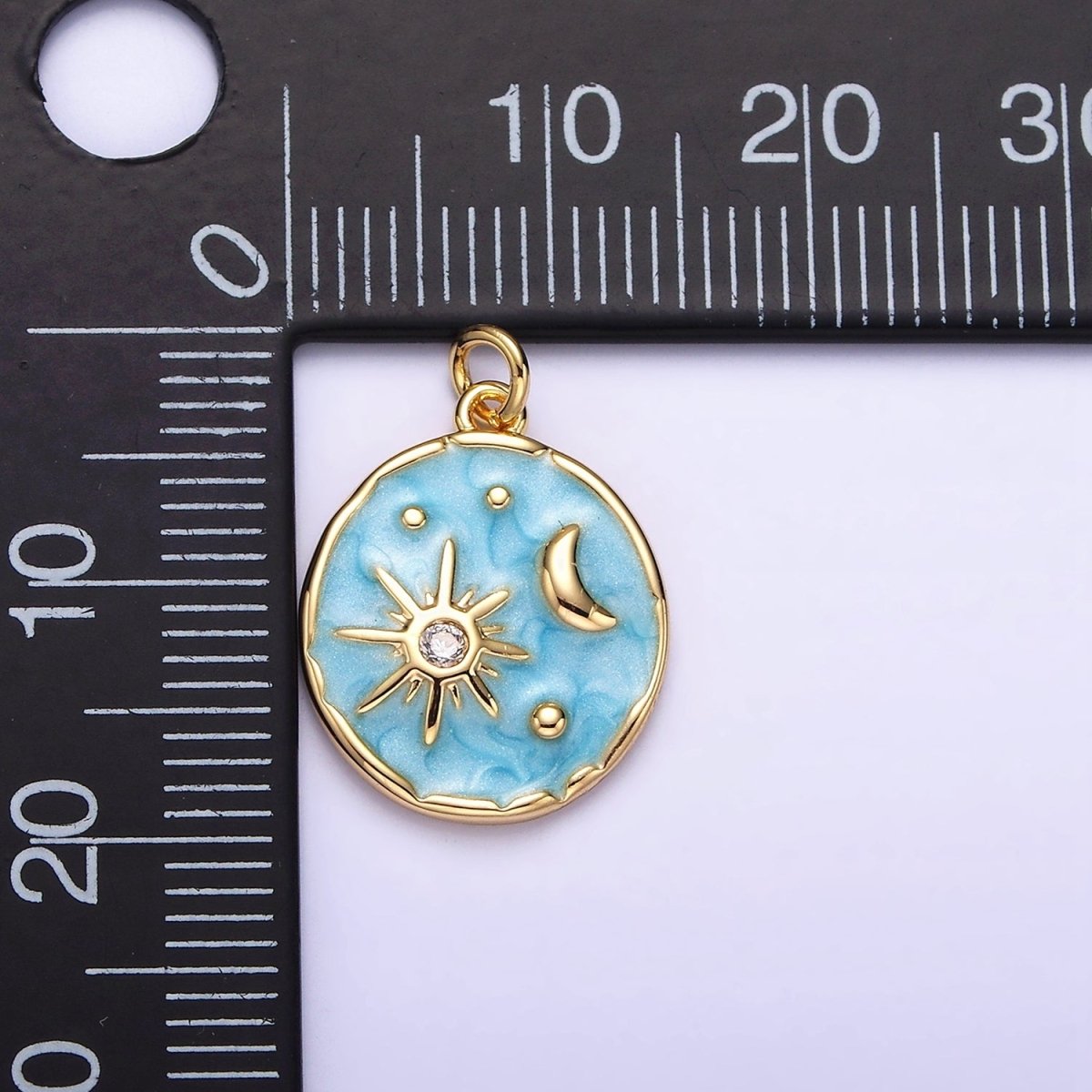 16K Gold plated Celestial Sun Star Crescent Moon White, Blue, Pink Sparkly Enamel Round Stamped Charm in Gold & Silver | AC1356 - AC1361 - DLUXCA