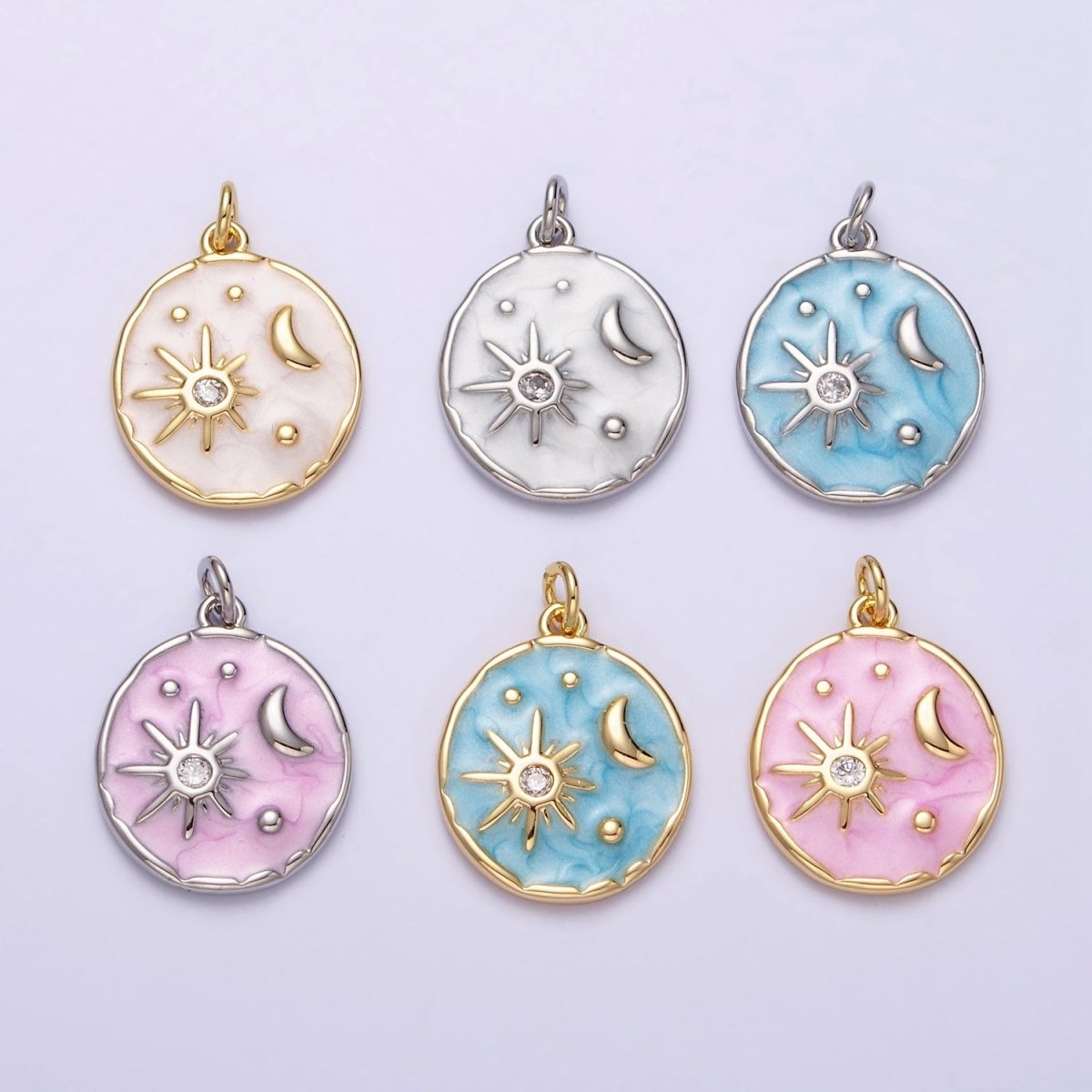 16K Gold plated Celestial Sun Star Crescent Moon White, Blue, Pink Sparkly Enamel Round Stamped Charm in Gold & Silver | AC1356 - AC1361 - DLUXCA