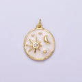 16K Gold plated Celestial Sun Star Crescent Moon White, Blue, Pink Sparkly Enamel Round Stamped Charm in Gold & Silver | AC1356 - AC1361 - DLUXCA