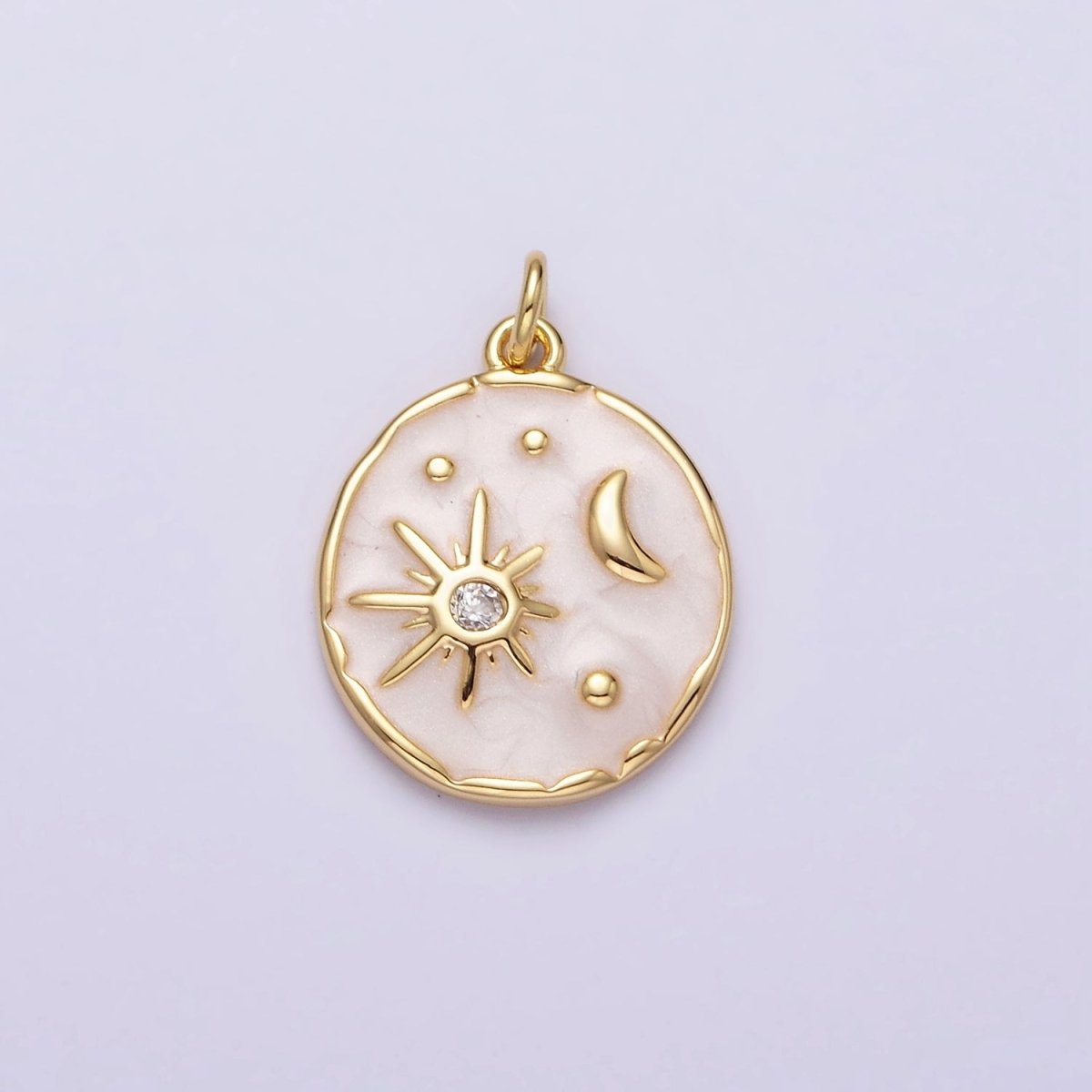 16K Gold plated Celestial Sun Star Crescent Moon White, Blue, Pink Sparkly Enamel Round Stamped Charm in Gold & Silver | AC1356 - AC1361 - DLUXCA