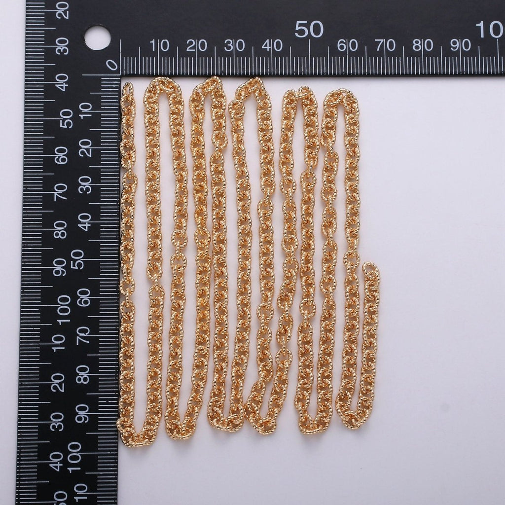 16K Gold plated Chain, Textured Cable Unique Rolo Chain, 6mm Unfinished Chain by Yard | ROLL-268 Clearance Pricing - DLUXCA