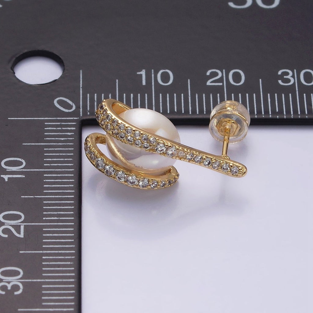16K Gold plated Clawed Iridescent Pearl Double Micro Paved CZ Band Stud Earrings in Gold & Silver | AD972 AD973