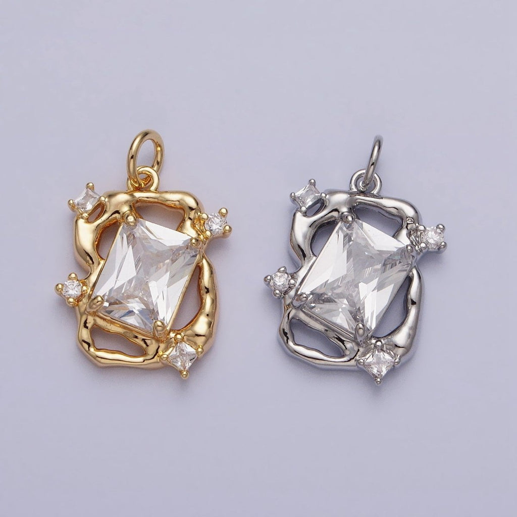 16K Gold plated Clear Baguette CZ Hammered Abstract Open Charm in Gold & Silver | AC956 AC957