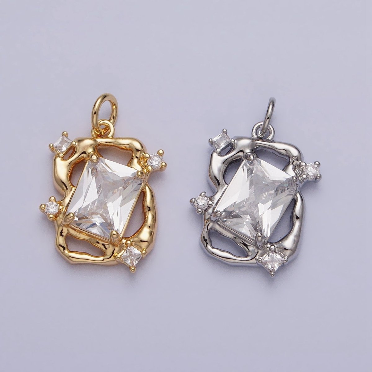 16K Gold plated Clear Baguette CZ Hammered Abstract Open Charm in Gold & Silver | AC956 AC957