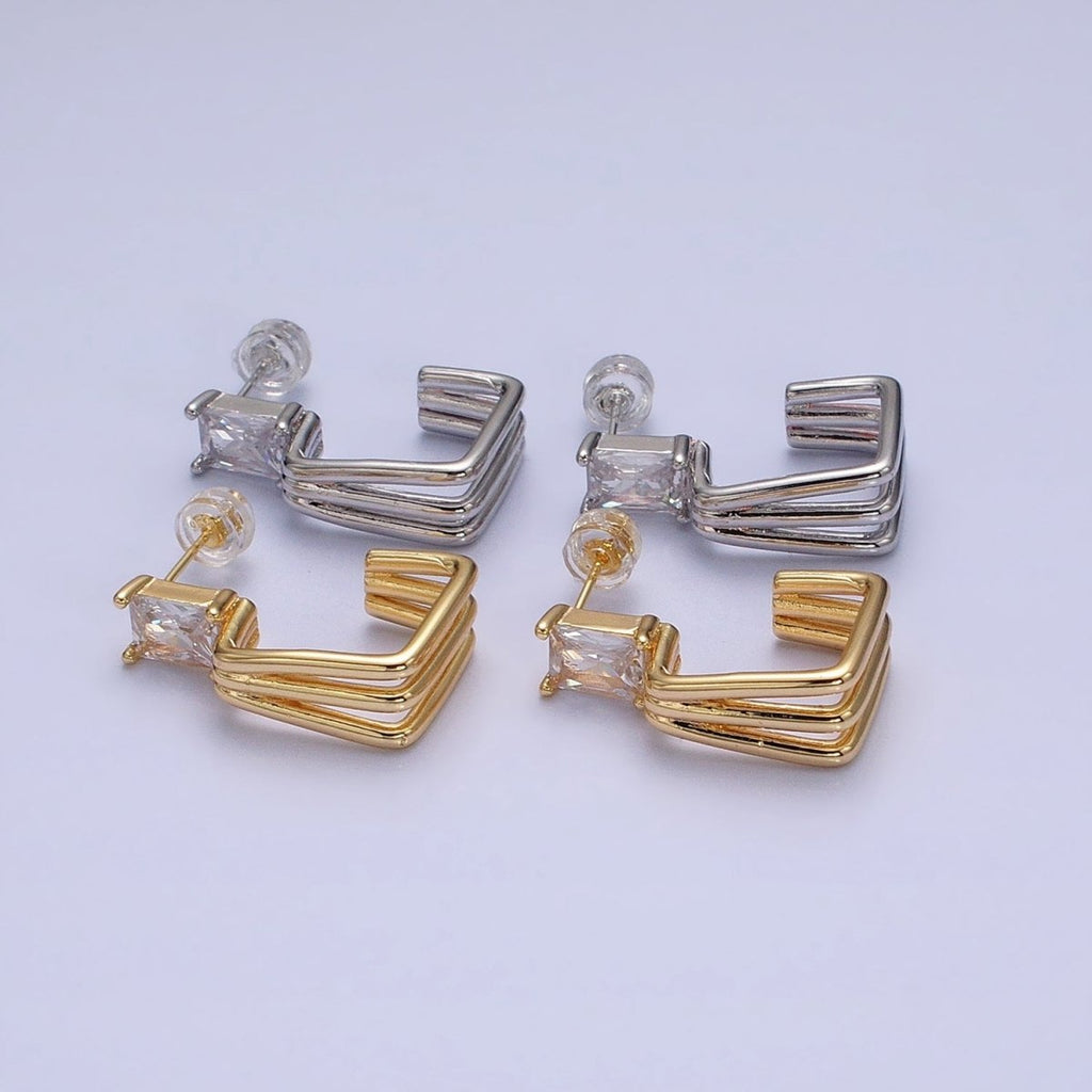 16K Gold plated Clear Baguette CZ Triple Band J-Shaped Hoop Earrings in Gold & Silver | AD1281 AD1282