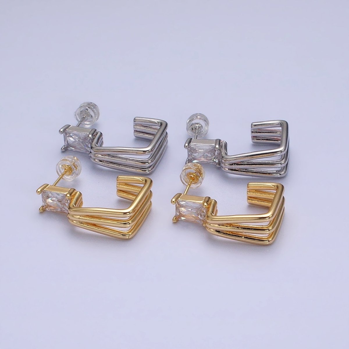 16K Gold plated Clear Baguette CZ Triple Band J-Shaped Hoop Earrings in Gold & Silver | AD1281 AD1282
