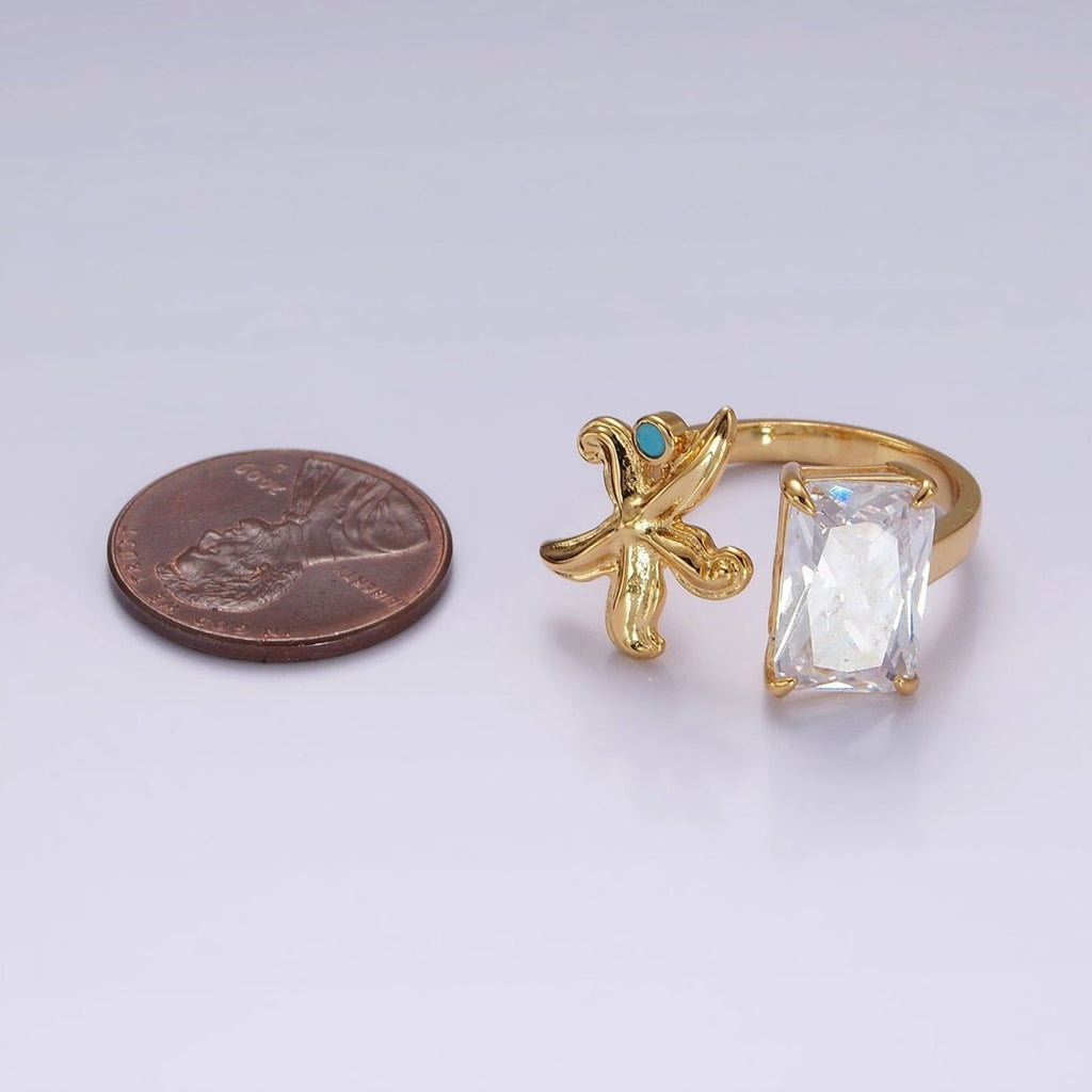 16K Gold plated Clear Baguette CZ Turquoise Starfish Open Claw Ring | O1058 - DLUXCA