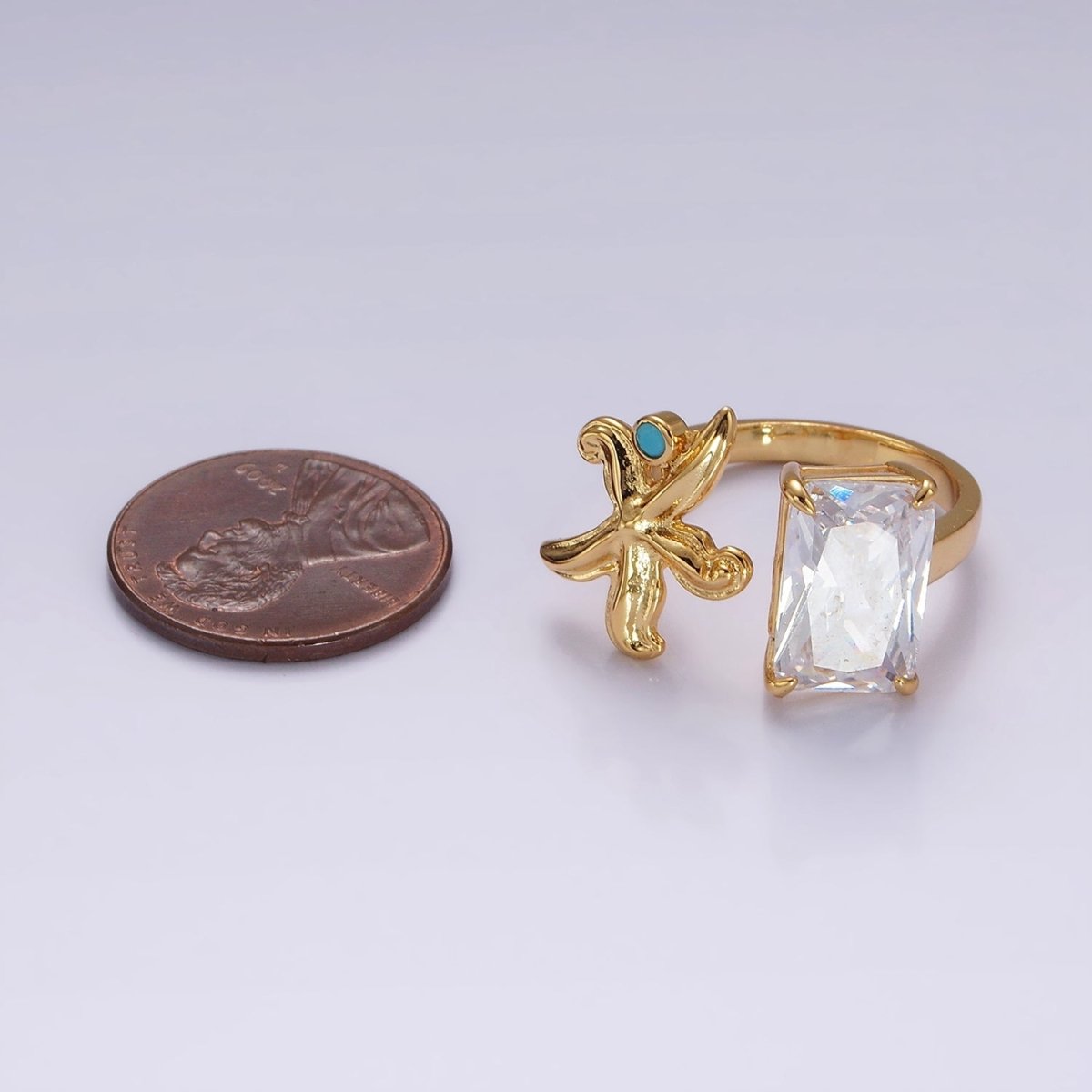 16K Gold plated Clear Baguette CZ Turquoise Starfish Open Claw Ring | O1058 - DLUXCA