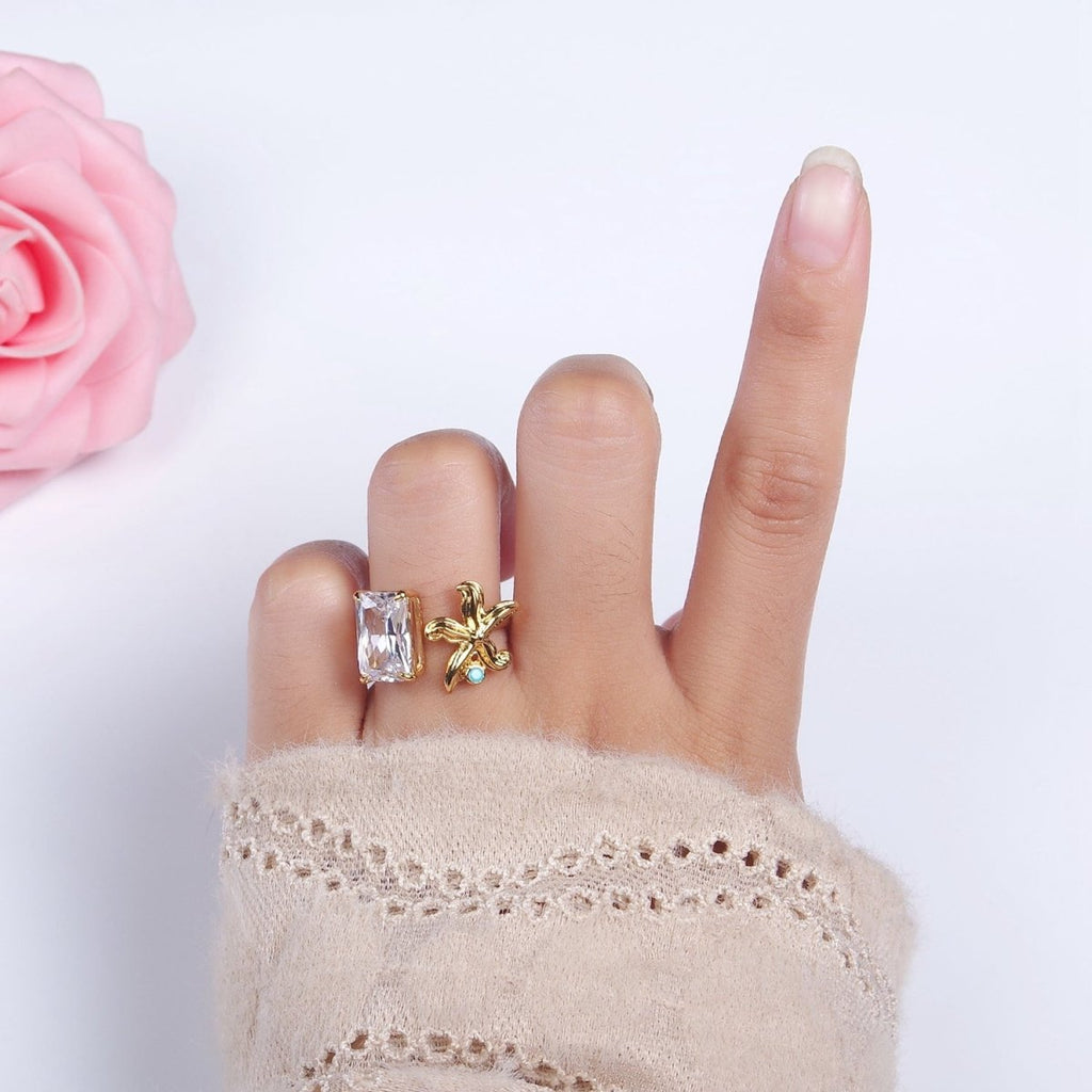 16K Gold plated Clear Baguette CZ Turquoise Starfish Open Claw Ring | O1058 - DLUXCA