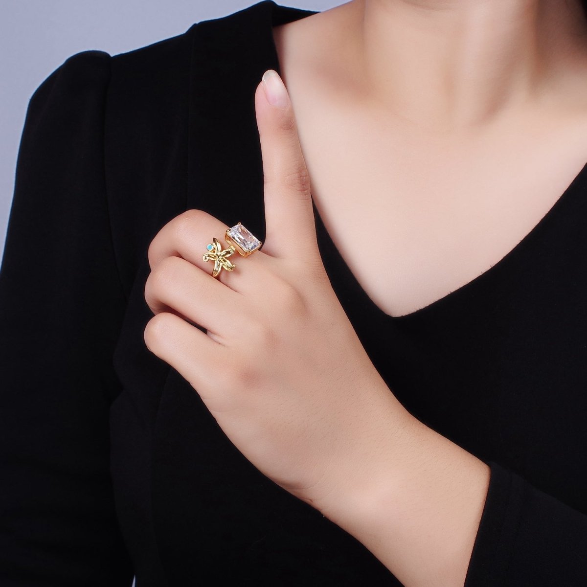16K Gold plated Clear Baguette CZ Turquoise Starfish Open Claw Ring | O1058 - DLUXCA