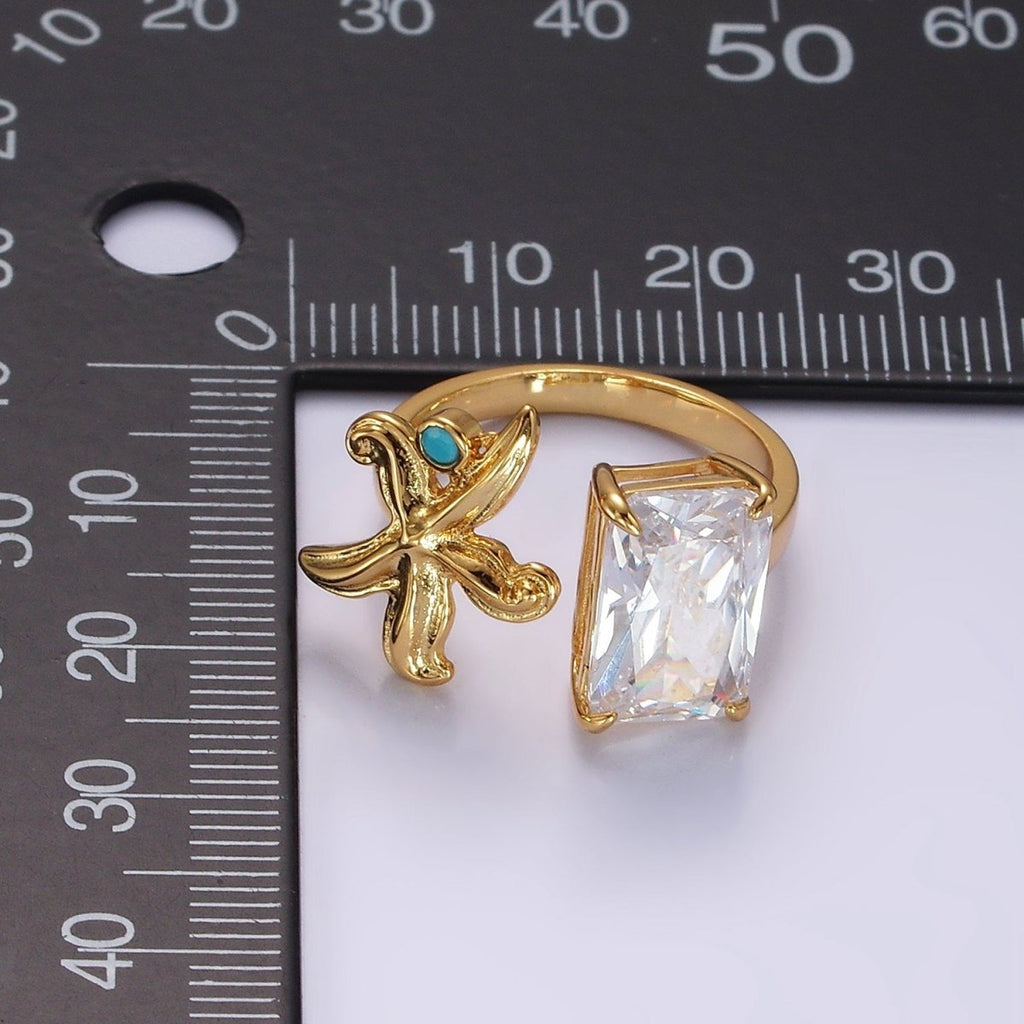 16K Gold plated Clear Baguette CZ Turquoise Starfish Open Claw Ring | O1058 - DLUXCA
