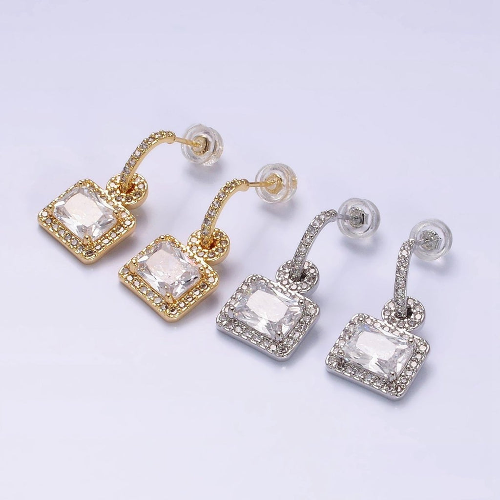 16K Gold plated Clear Baguette Drop Micro Paved C-Shaped Hoop Earrings in Gold & Silver | AD1088 AD1089