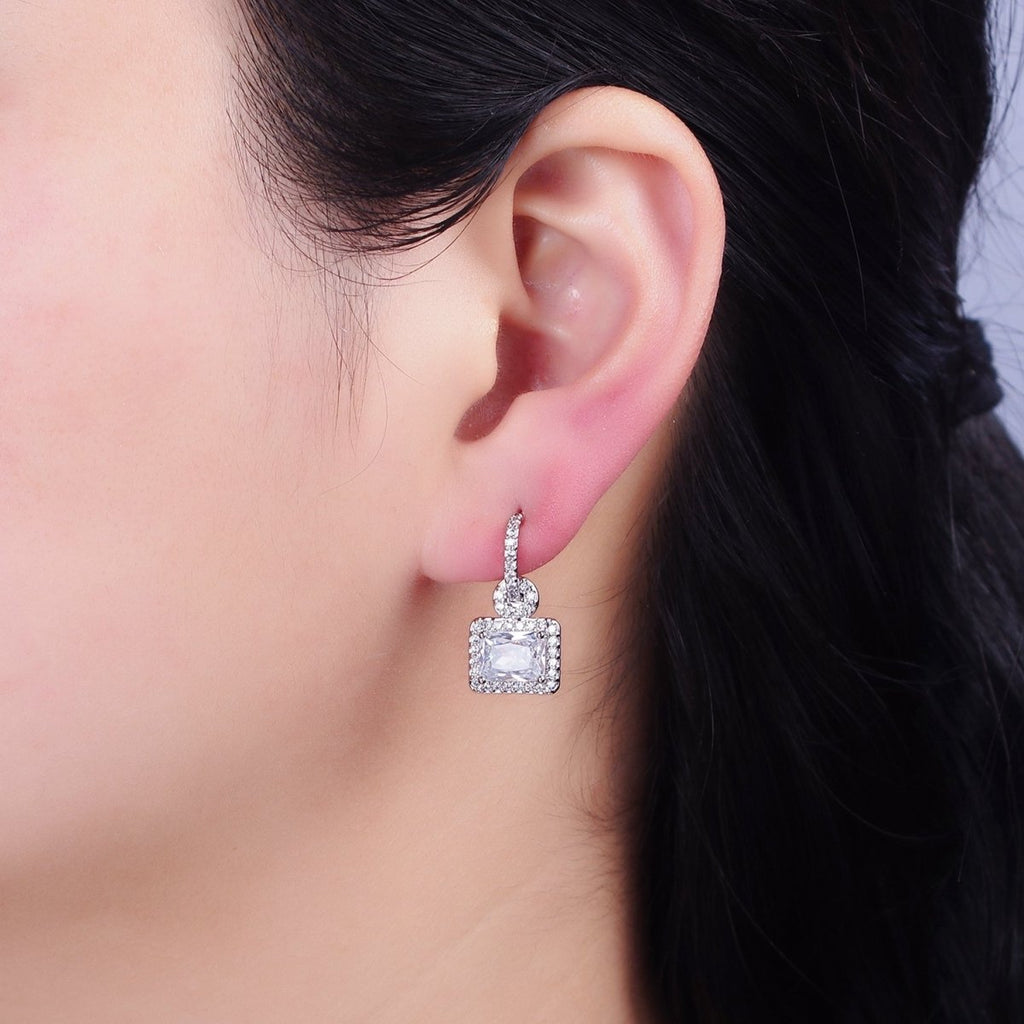 16K Gold plated Clear Baguette Drop Micro Paved C-Shaped Hoop Earrings in Gold & Silver | AD1088 AD1089