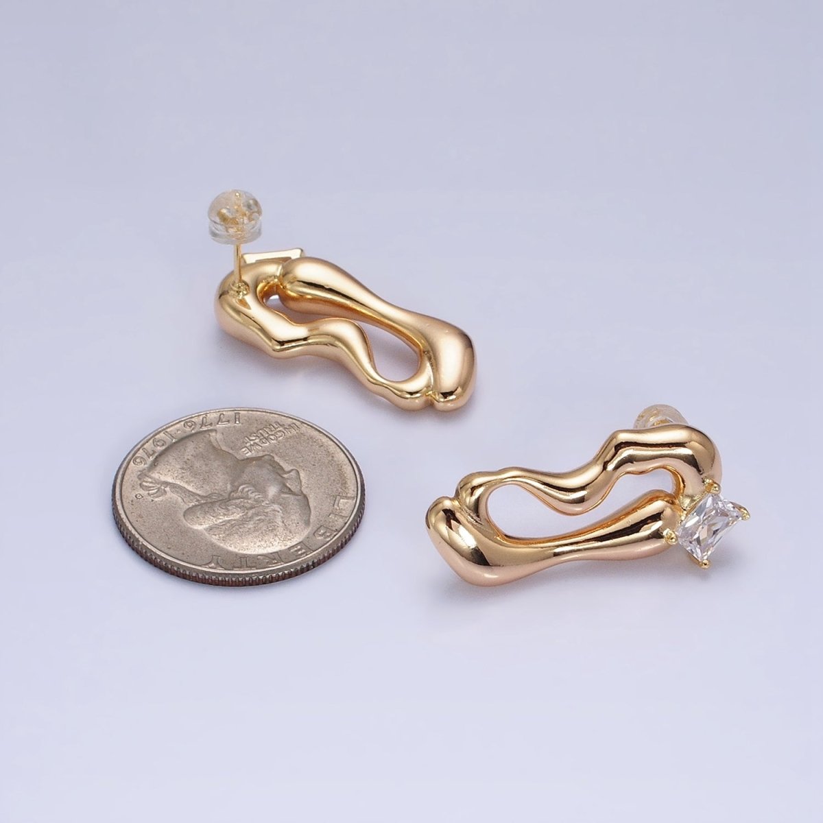 16K Gold plated Clear Baguette Geometric Abstract Open Oblong Stud Earrings | AD1149 AD1150