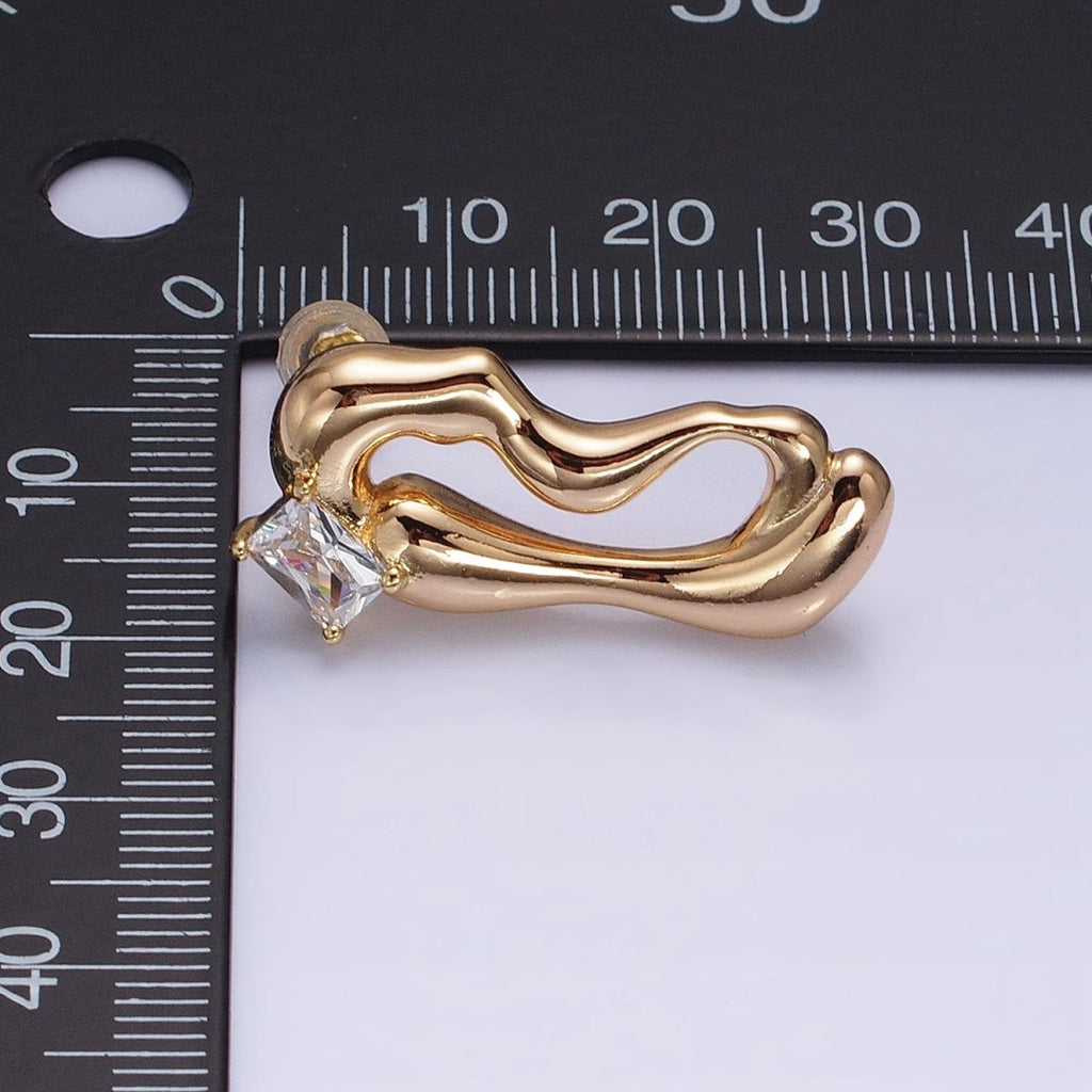 16K Gold plated Clear Baguette Geometric Abstract Open Oblong Stud Earrings | AD1149 AD1150