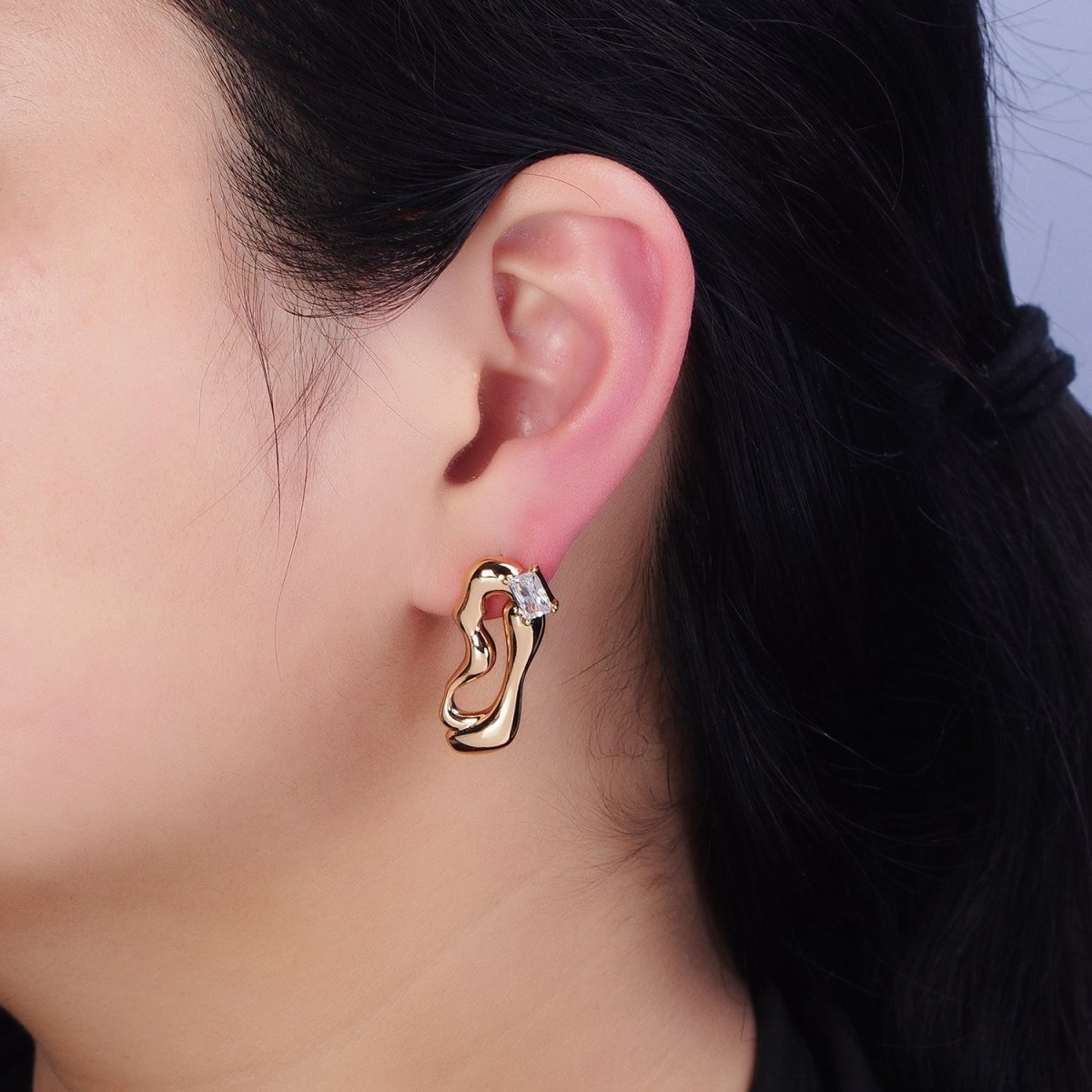 16K Gold plated Clear Baguette Geometric Abstract Open Oblong Stud Earrings | AD1149 AD1150