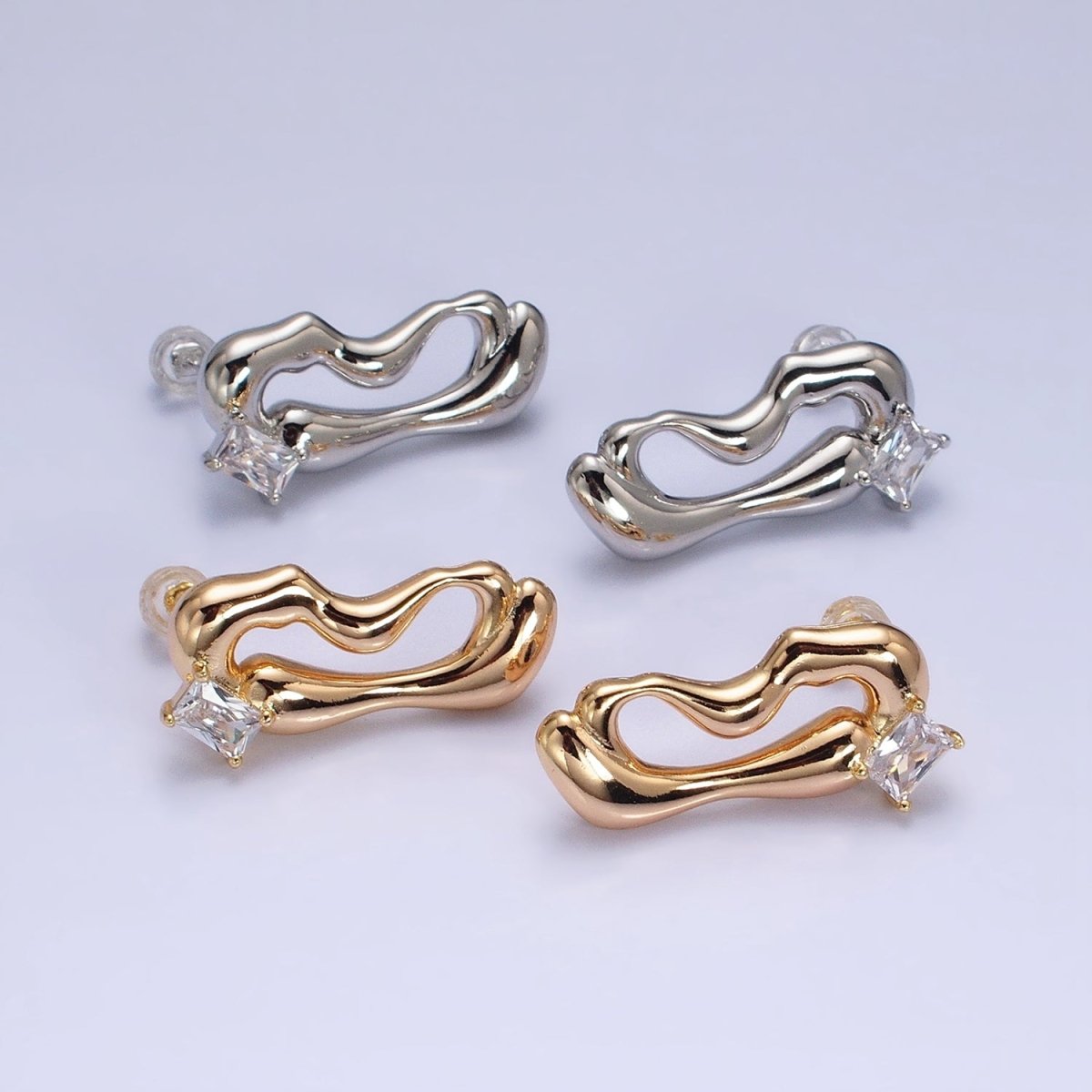 16K Gold plated Clear Baguette Geometric Abstract Open Oblong Stud Earrings | AD1149 AD1150