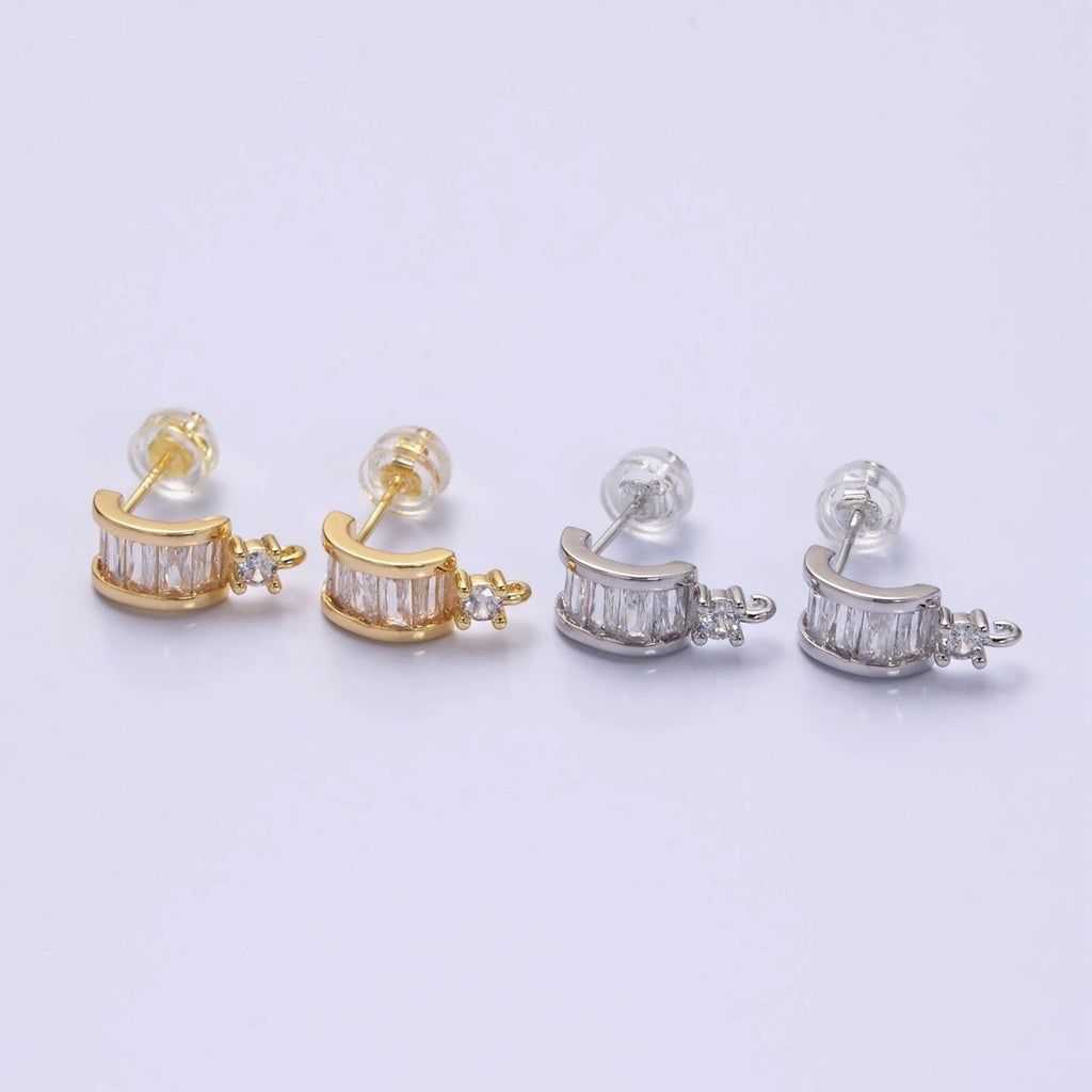 16K Gold plated Clear Baguette Lined CZ Drop Open Loop C-Shaped Hoop Earrings in Gold & Silver | Z-409 Z-410 - DLUXCA